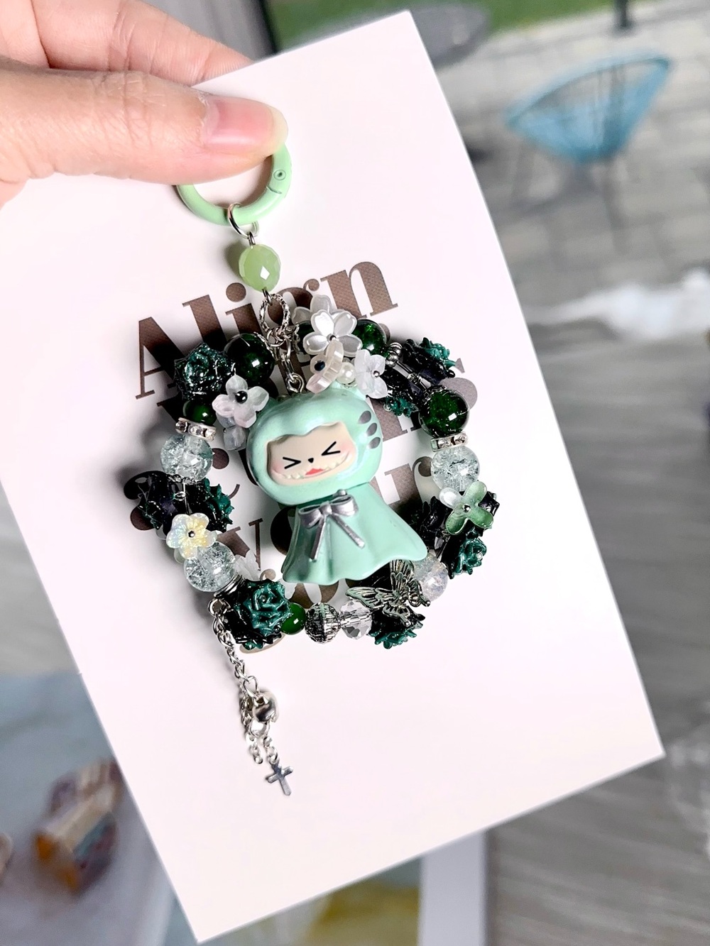 Green Charm Bag Charm with glowing in the dark Floral Beads & Labubu